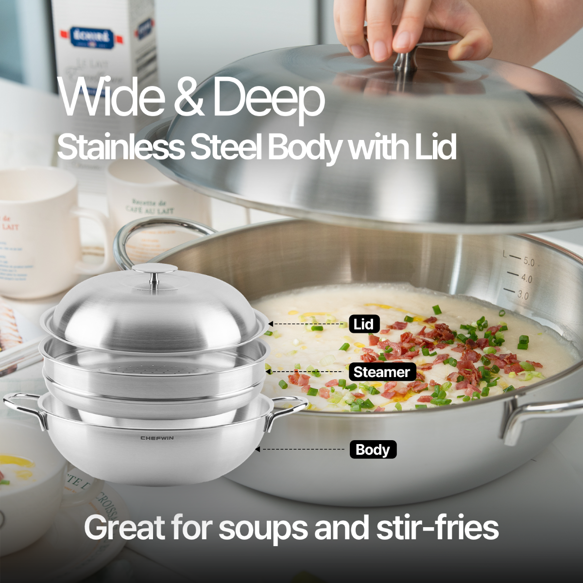 Nồi lòng sâu Chefwin Party Wok 32cm Inox 316 đúc liền 5 lớp
