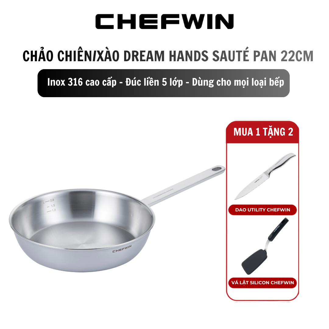 Chảo Xào Inox 316 Sauté Pan 22cm đúc liền 5 lớp chống lồi đáy dùng mọi loại bếp