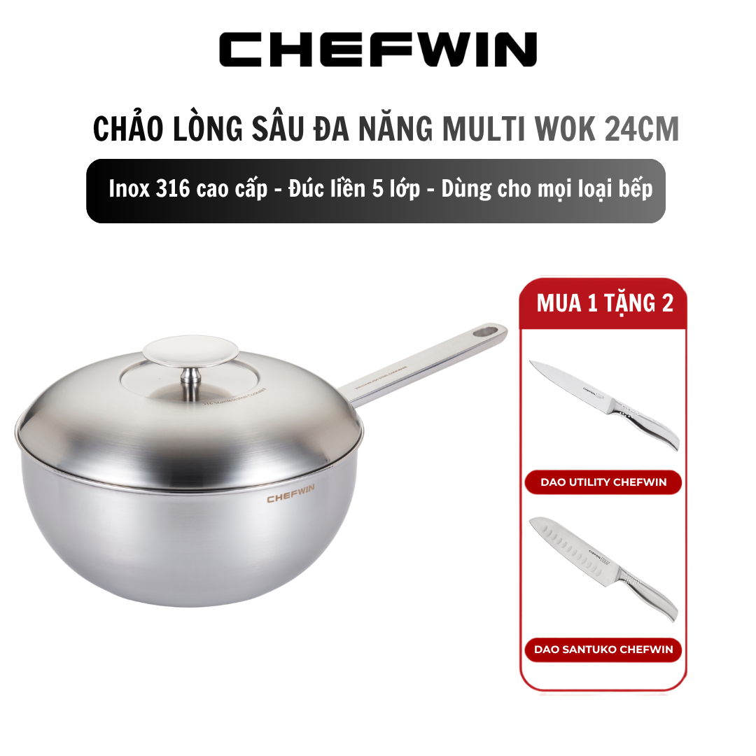Chảo Lòng Sâu Đa Năng Chefwin Multi Wok 24cm Inox 316 Đúc Liền 5 Lớp