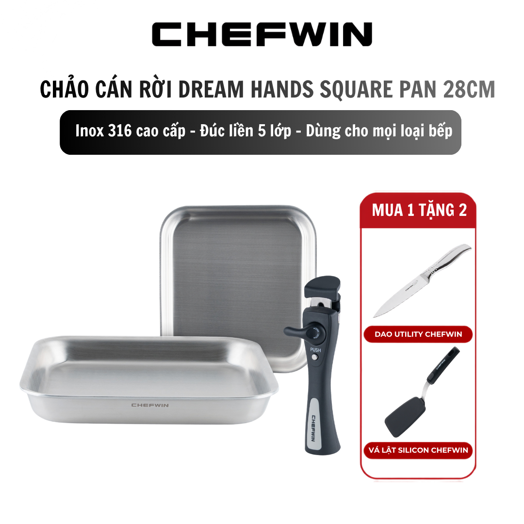 Chảo Chiên/Xào Cán Rời Chefwin Dreamhand Square Pan 28cm Inox 316 Cao Cấp