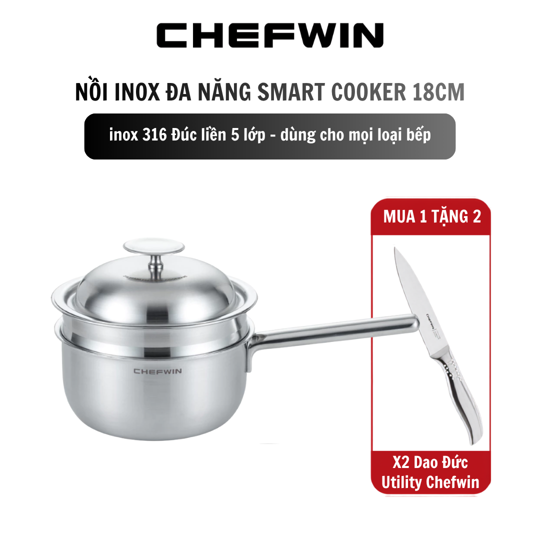 Nồi Inox Đa Năng Smart Cooker 18cm - Inox 316 Đúc Liền 5 Lớp Dùng Cho Mọi Loại Bếp