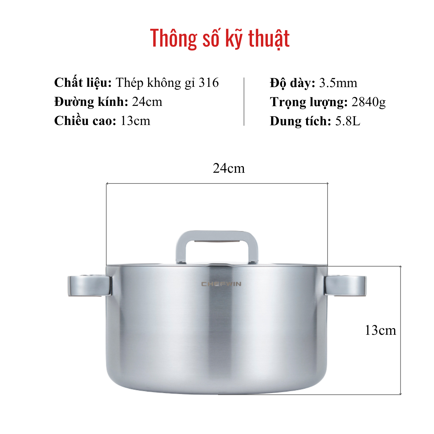 Nồi Inox 316 Cao Cấp Chefwin 24cm (5.8l) Đúc Nguyên Khối 5 Lớp An Toàn