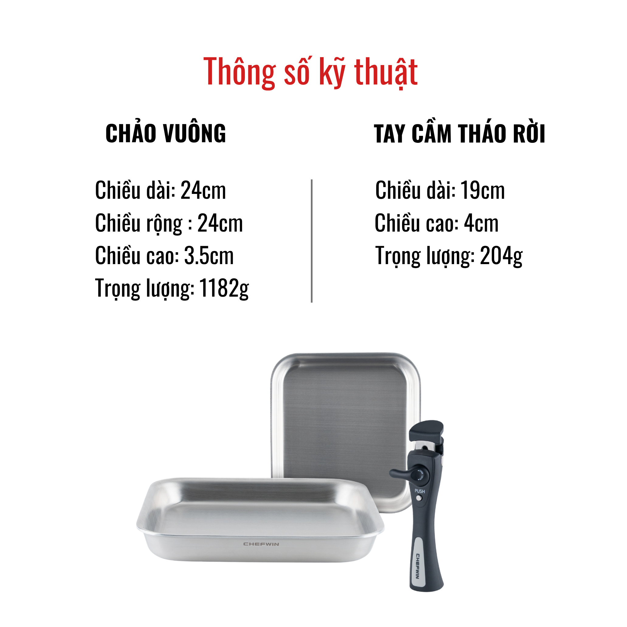 Chảo Chiên/Xào Cán Rời Chefwin Dreamhand Square Pan 24cm Inox 316 Cao Cấp