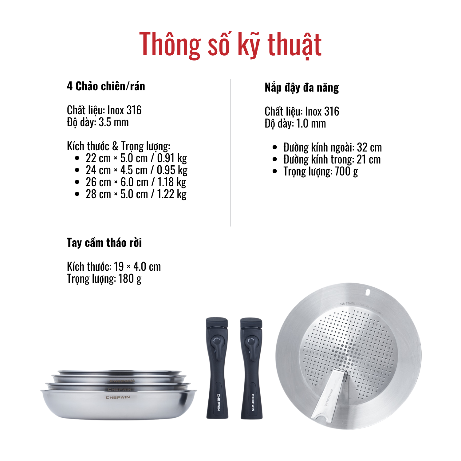 Set 4 Chảo chiên/xào tay cầm rời Dream Hands và Nắp đậy đa năng Inox 316 cao cấp