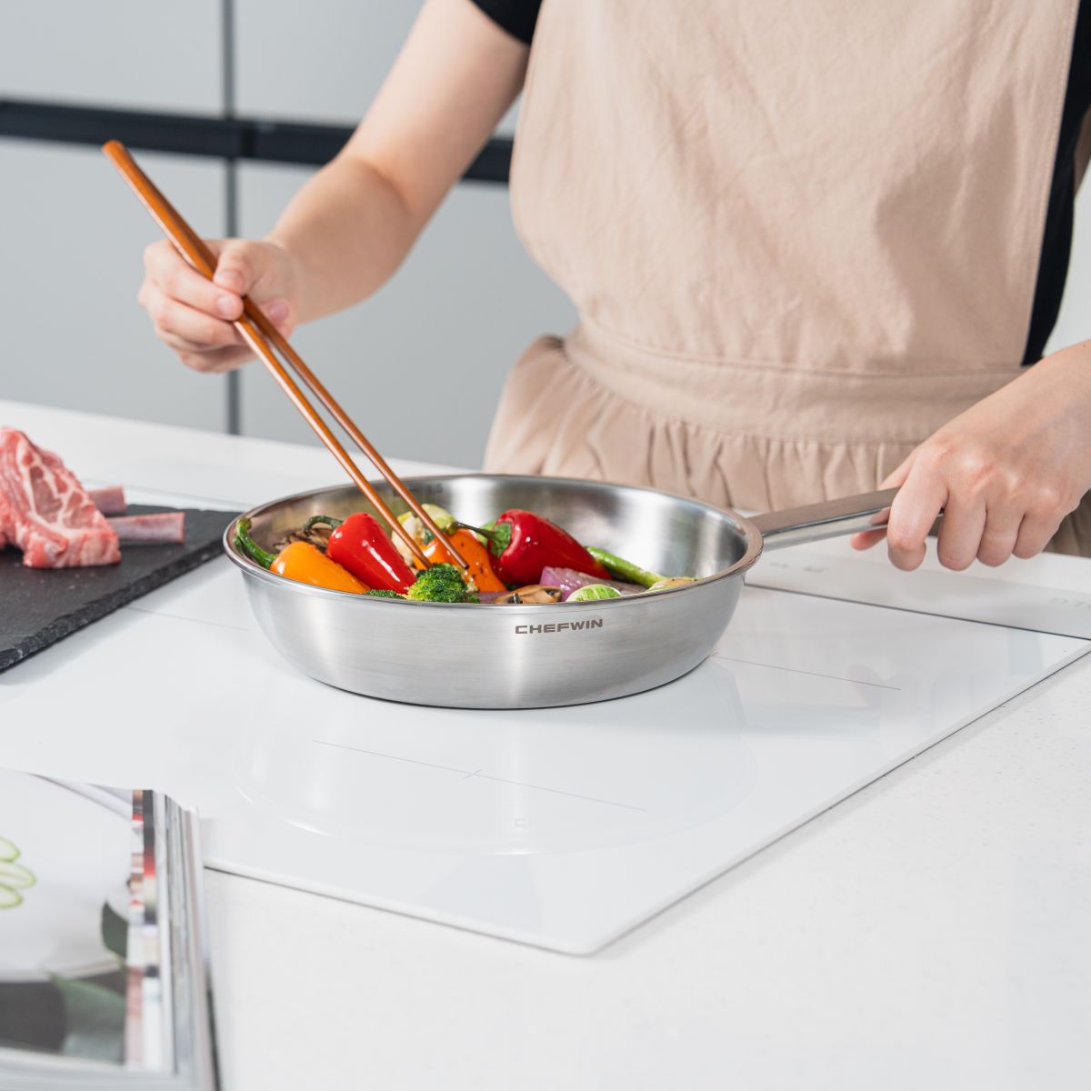 Chảo Xào Inox 316 Sauté Pan 22cm đúc liền 5 lớp chống lồi đáy dùng mọi loại bếp