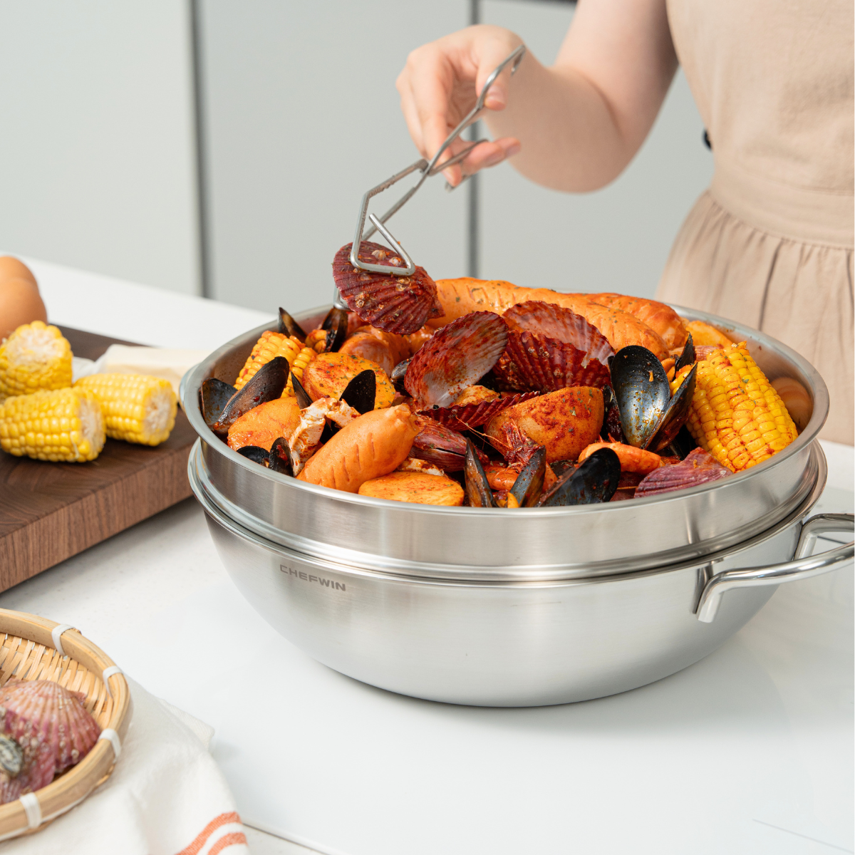 Nồi lòng sâu Chefwin Party Wok 32cm Inox 316 đúc liền 5 lớp