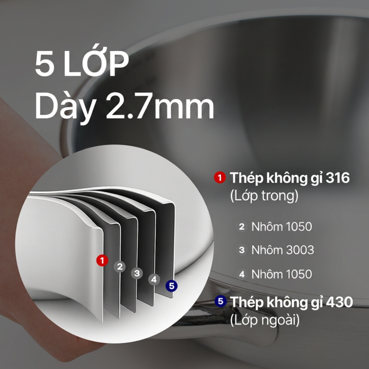 Nồi lòng sâu Chefwin Party Wok 32cm Inox 316 đúc liền 5 lớp