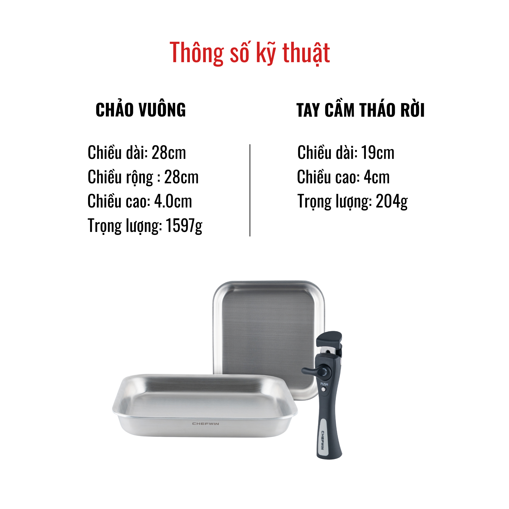Chảo Chiên/Xào Cán Rời Chefwin Dreamhand Square Pan 28cm Inox 316 Cao Cấp
