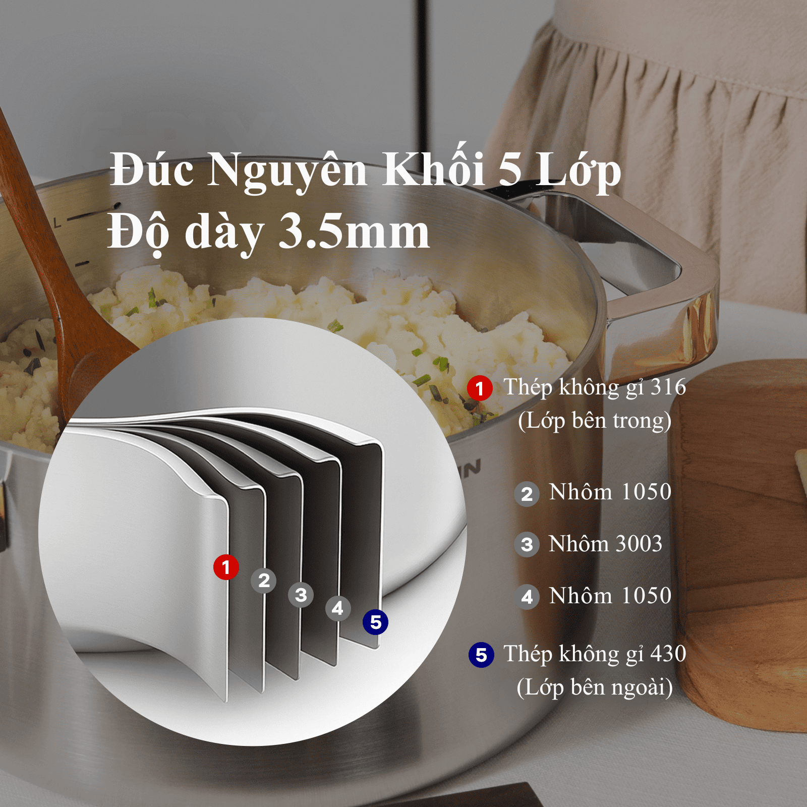 Nồi Inox 316 Cao Cấp Chefwin 24cm (5.8l) Đúc Nguyên Khối 5 Lớp An Toàn