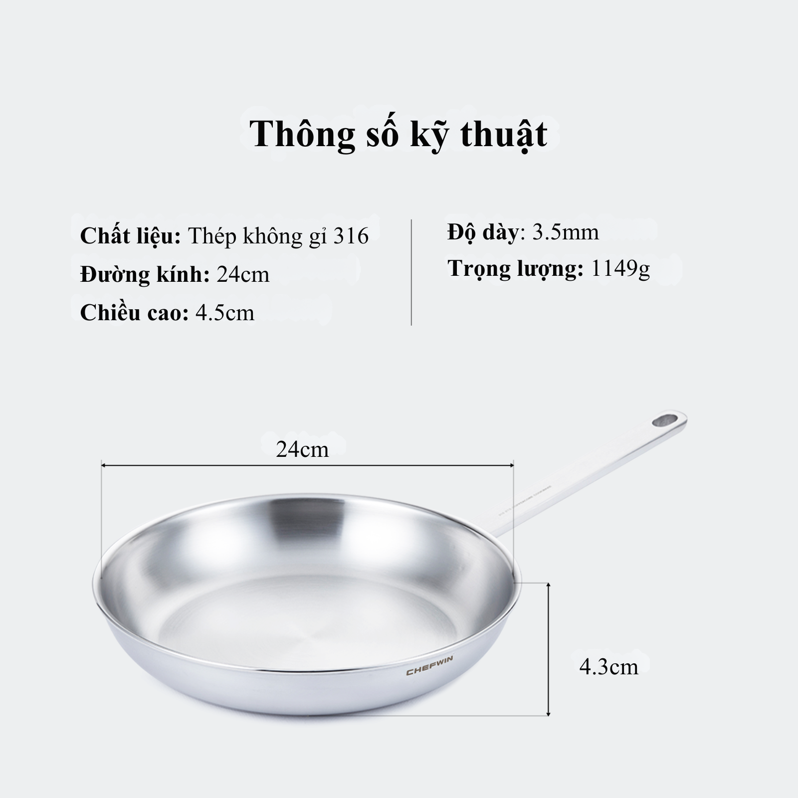 Chảo chiên Chefwin 24cm Inox 316 cao cấp