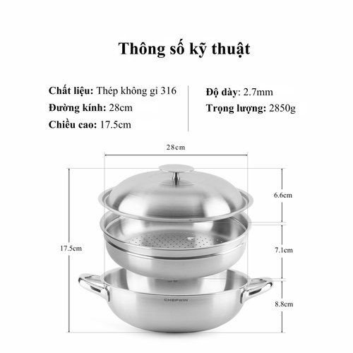 Bộ nồi chảo 3 món inox 316 Chefwin - Đúc liền 5 lớp