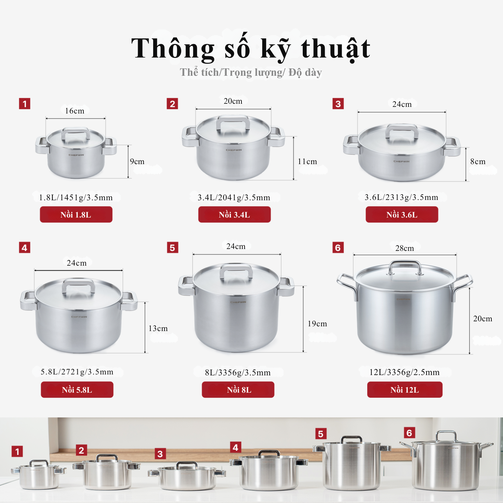 Nồi Inox 316 Cao Cấp Chefwin 24cm (5.8l) Đúc Nguyên Khối 5 Lớp An Toàn
