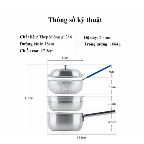 Bộ nồi chảo 2 món inox 316 Chefwin - Đúc liền 5 lớp