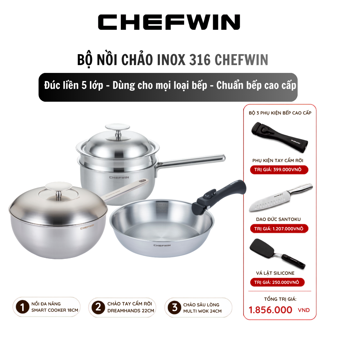 Bộ nồi chảo inox 316 Chefwin - Đúc liền 5 lớp