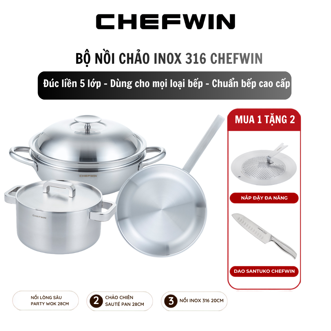 Bộ nồi chảo 3 món inox 316 Chefwin - Đúc liền 5 lớp