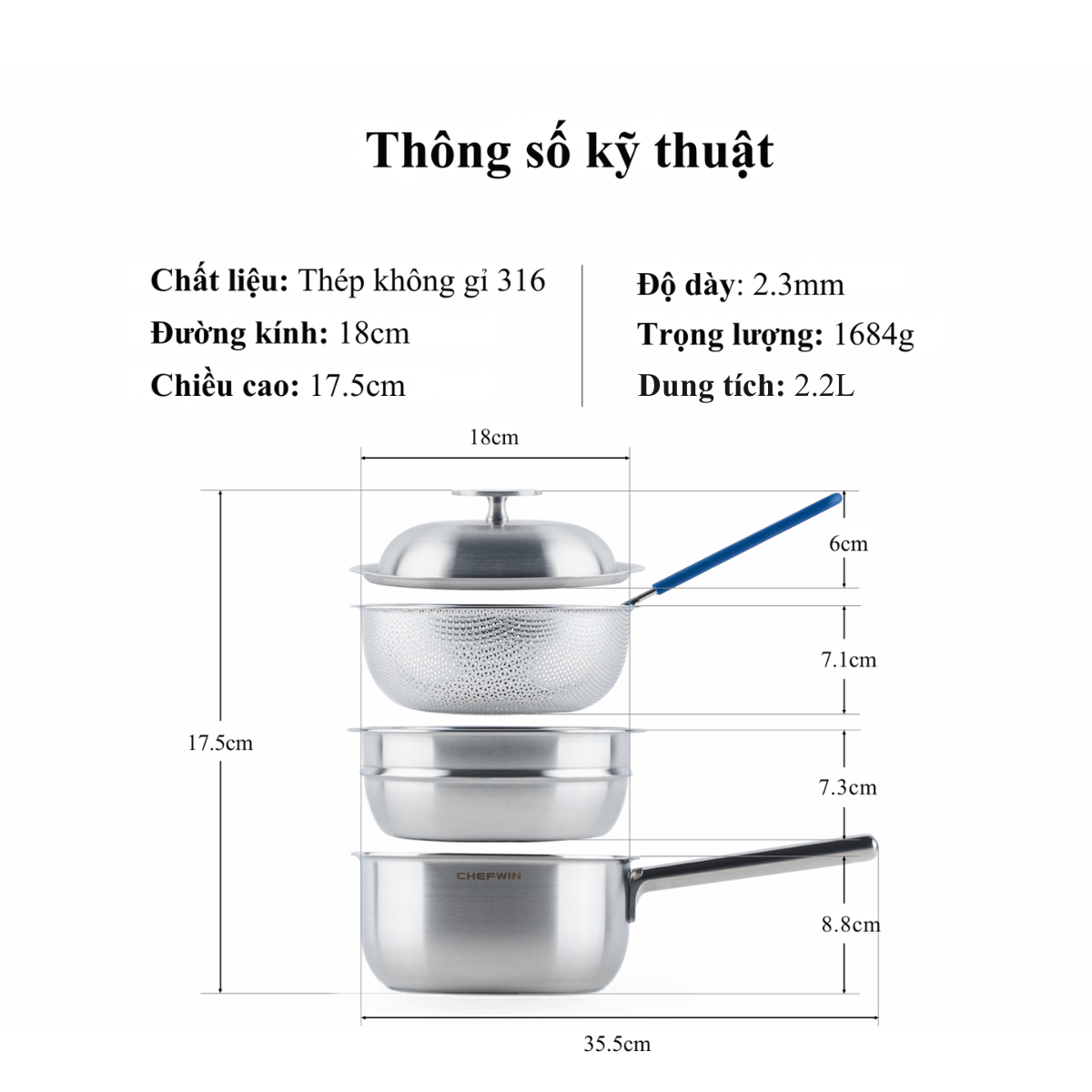 Nồi Inox Đa Năng Smart Cooker 18cm - Inox 316 Đúc Liền 5 Lớp Dùng Cho Mọi Loại Bếp