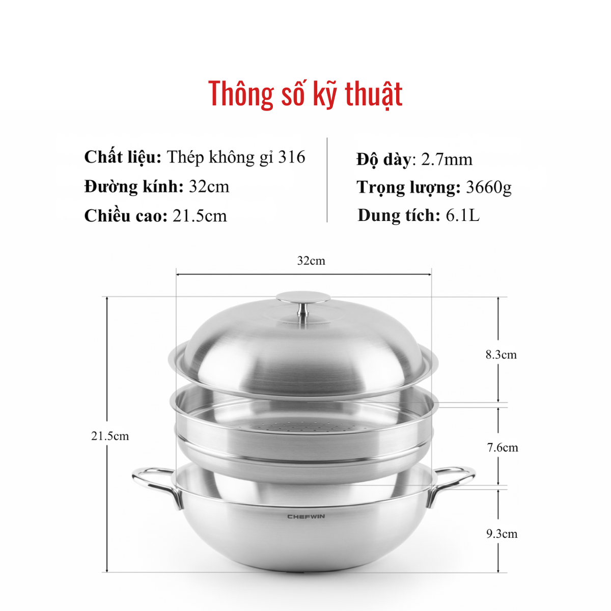 Nồi lòng sâu Chefwin Party Wok 32cm Inox 316 đúc liền 5 lớp
