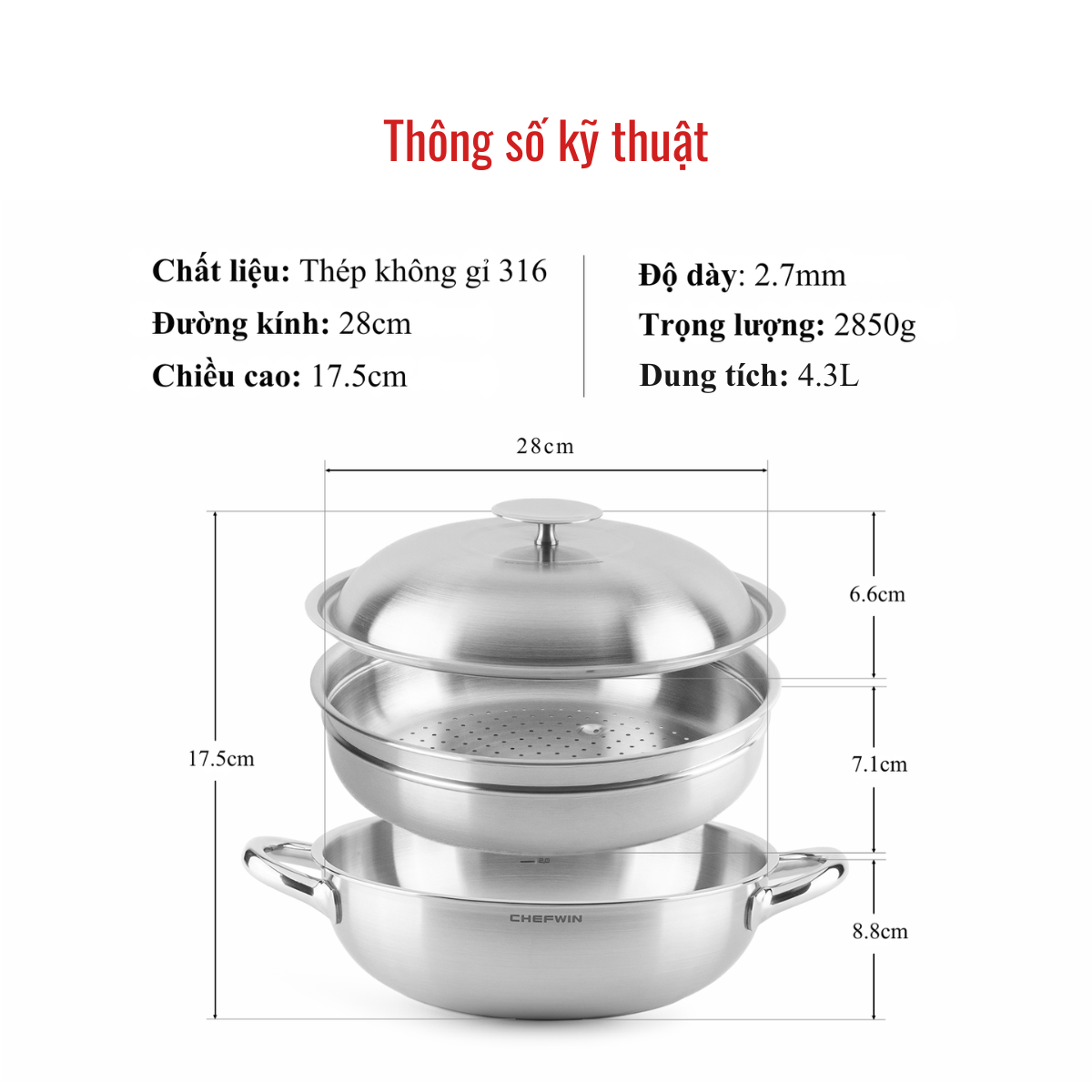 Nồi lòng sâu Chefwin Party Wok 28cm Inox 316 đúc liền 5 lớp