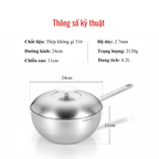 Chảo Lòng Sâu Đa Năng Chefwin Multi Wok 24cm Inox 316 Đúc Liền 5 Lớp