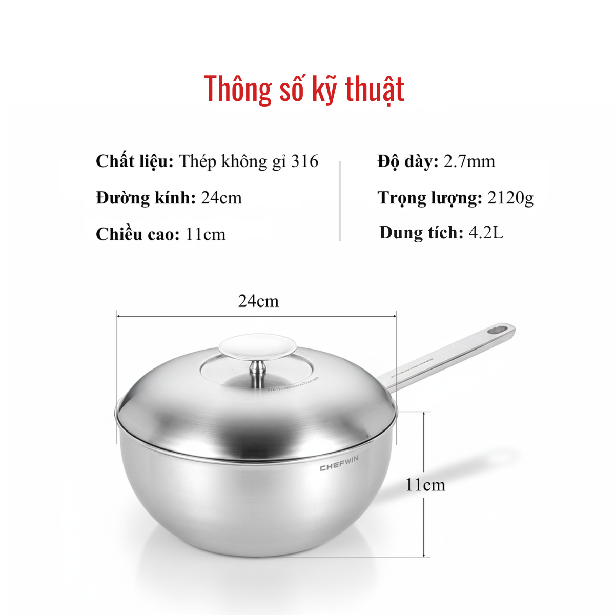 Chảo Lòng Sâu Đa Năng Chefwin Multi Wok 24cm Inox 316 Đúc Liền 5 Lớp