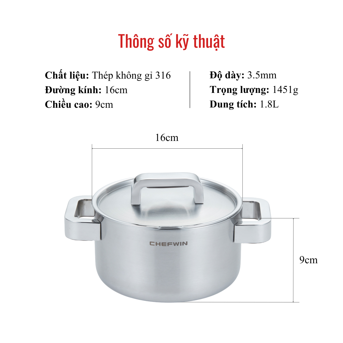 Nồi Inox 316 Cao Cấp 16cm (1.8l) Đúc Liền 5 Lớp Chống Lồi Đáy