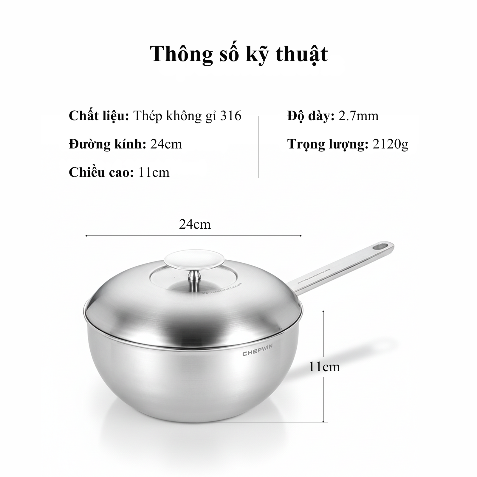 Bộ nồi chảo inox 316 Chefwin - Đúc liền 5 lớp